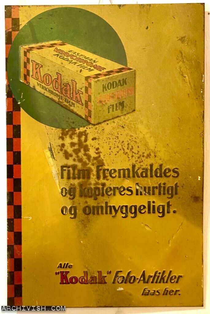 Kodak Verichrome Film advertisement - Development and copying of photographic film is done fast and carefully - Metal sign